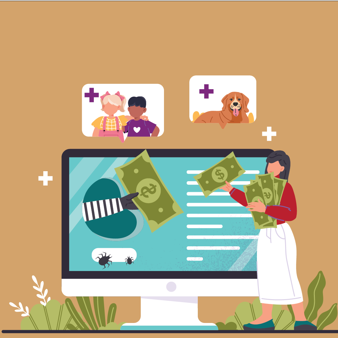 vector graphic of a woman giving money to a scammer that she thinks is a charity